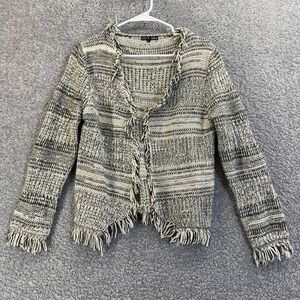 Dolce Cabo Cardigan Sweater Womens‎ Medium White Fringe Open Knit Boho Striped